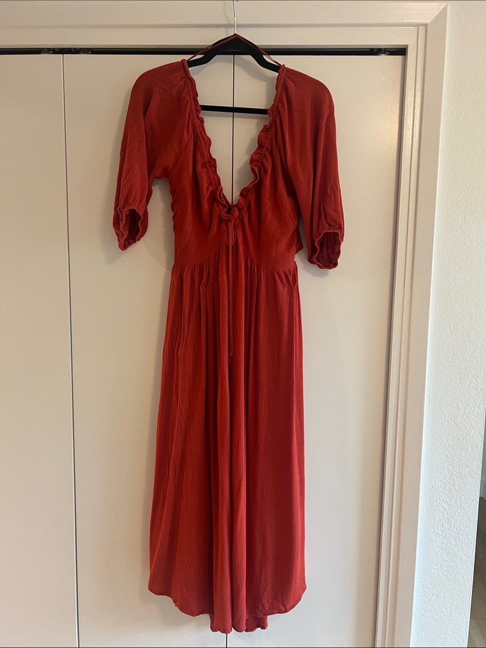 Women's Rust Red Maxi Dress with Deep V and Tie Front